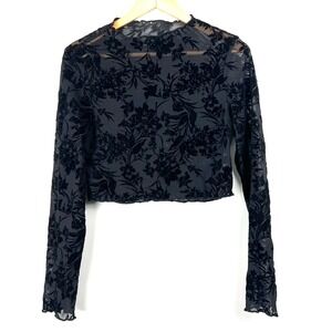 SHEIN Black Floral Burnout Velvet Sheer Mesh Crop Top 12 Long Sleeve Whimsigoth